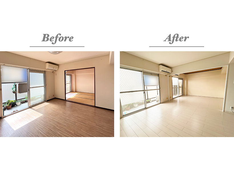 【Before/After】リビングと旧和室は同じフローリング床となり、開放感のあるLDKになりました